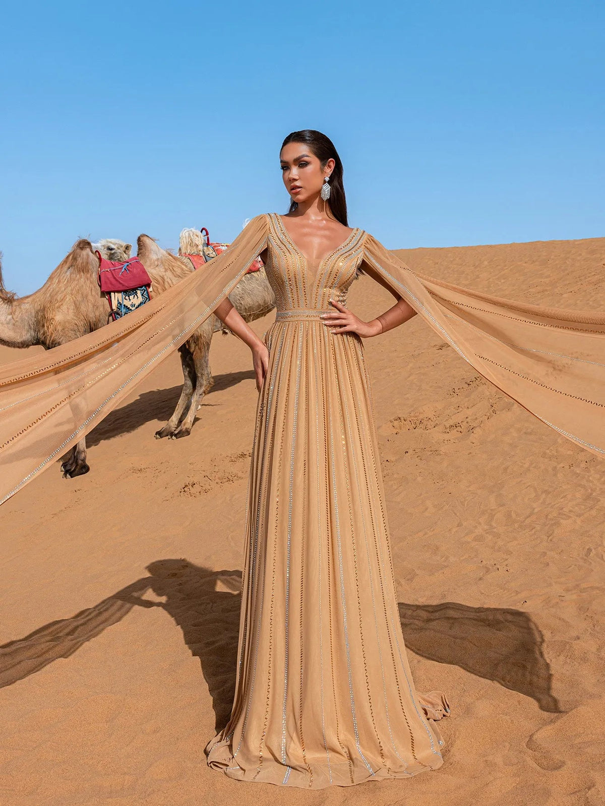 Luxury Gorgeous Rhinestone Detail Plunging Neck Cape Sleeves Formal Prom Dress – view 7