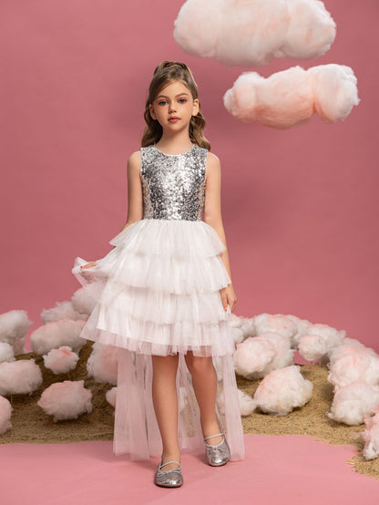 Additional product view of Layered Hem Sequin A-Line Sleeveless Mesh Round Neck Tween Girls' Party Dress