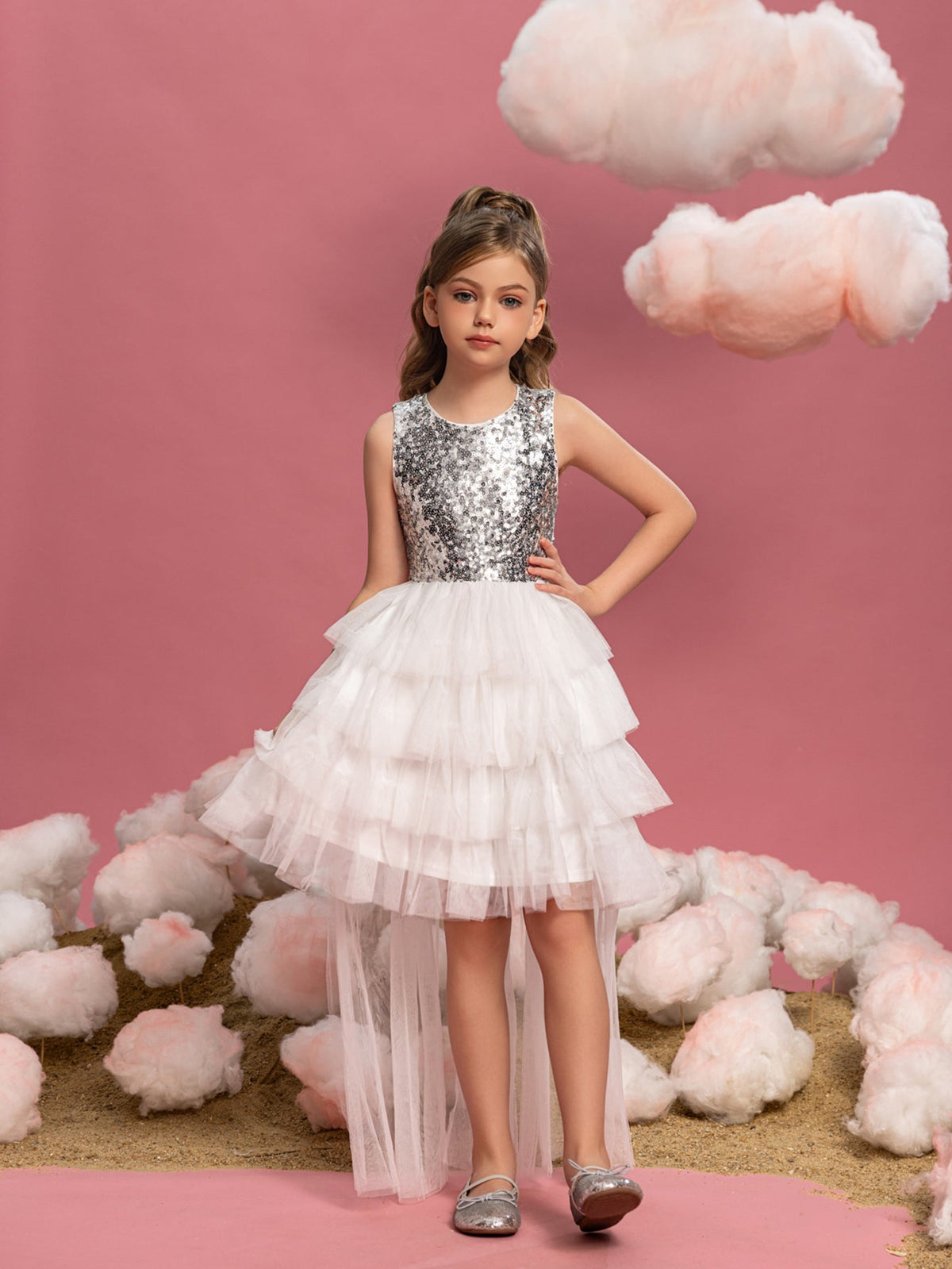 Layered Hem Sequin A-Line Sleeveless Mesh Round Neck Tween Girls' Party Dress in Silver