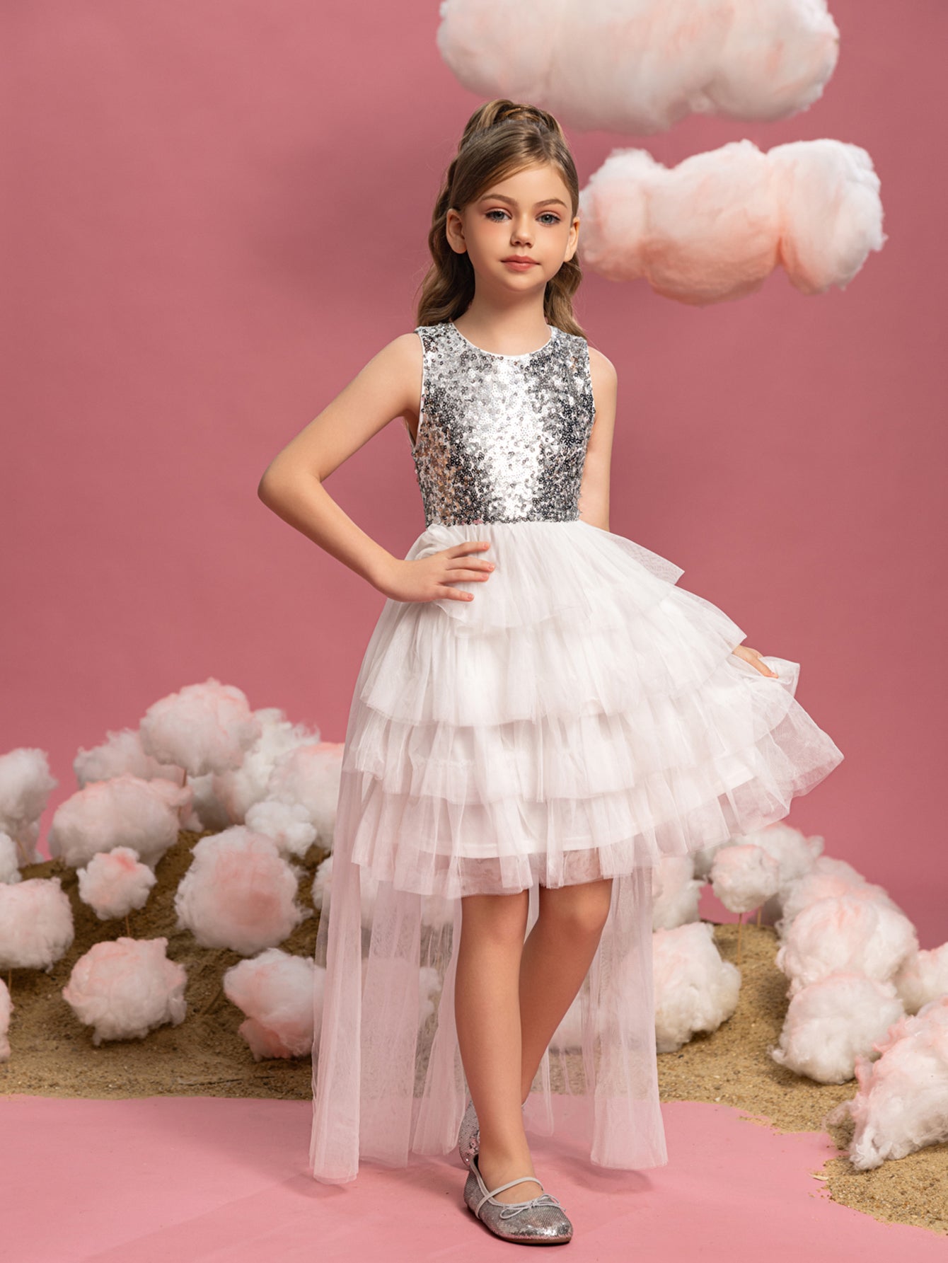 Additional product view of Layered Hem Sequin A-Line Sleeveless Mesh Round Neck Tween Girls' Party Dress