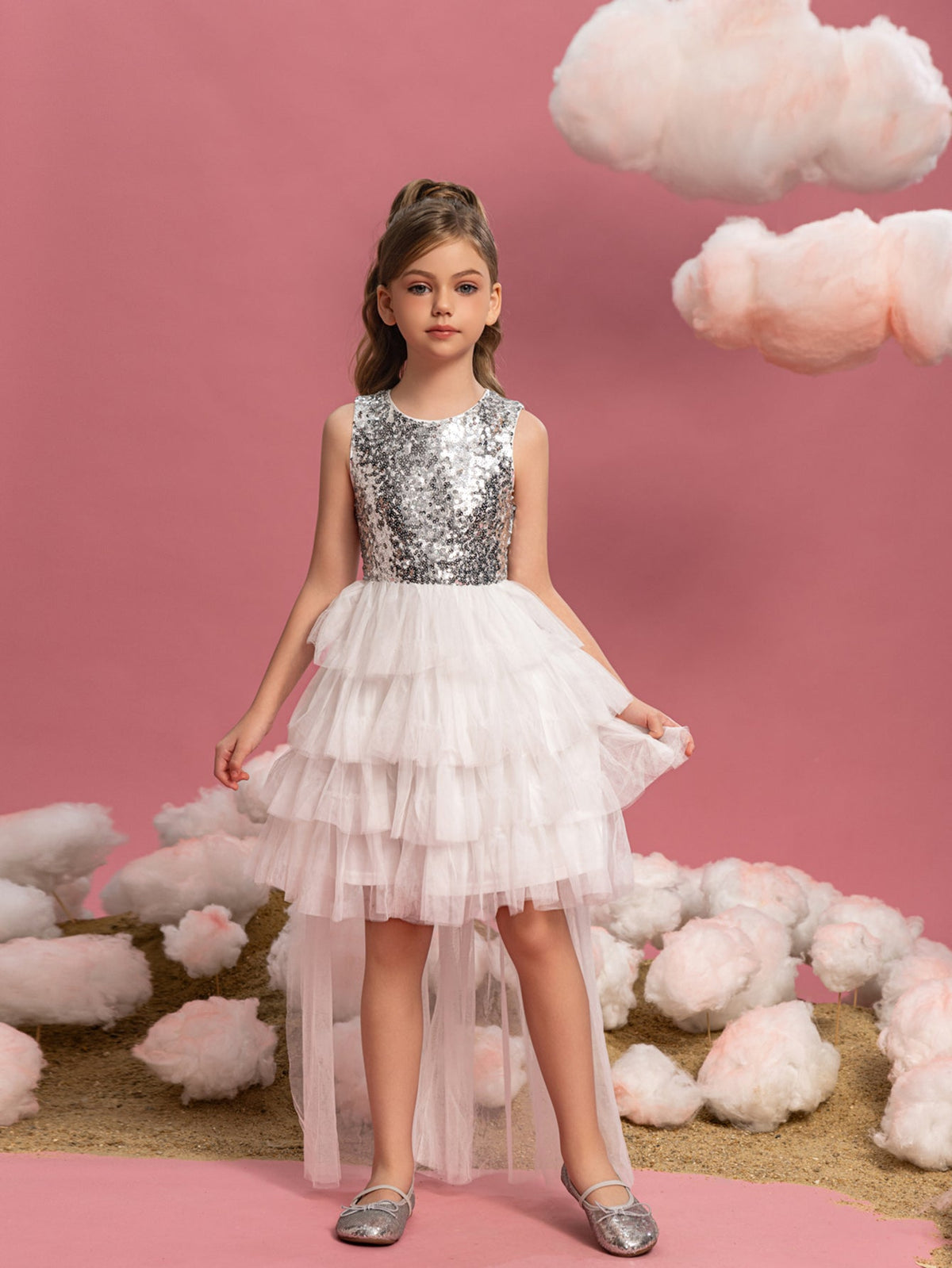 Additional product view of Layered Hem Sequin A-Line Sleeveless Mesh Round Neck Tween Girls' Party Dress