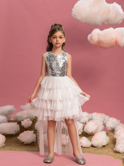 Additional product view of Layered Hem Sequin A-Line Sleeveless Mesh Round Neck Tween Girls' Party Dress