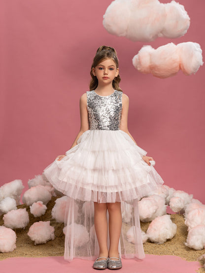 Additional product view of Layered Hem Sequin A-Line Sleeveless Mesh Round Neck Tween Girls' Party Dress