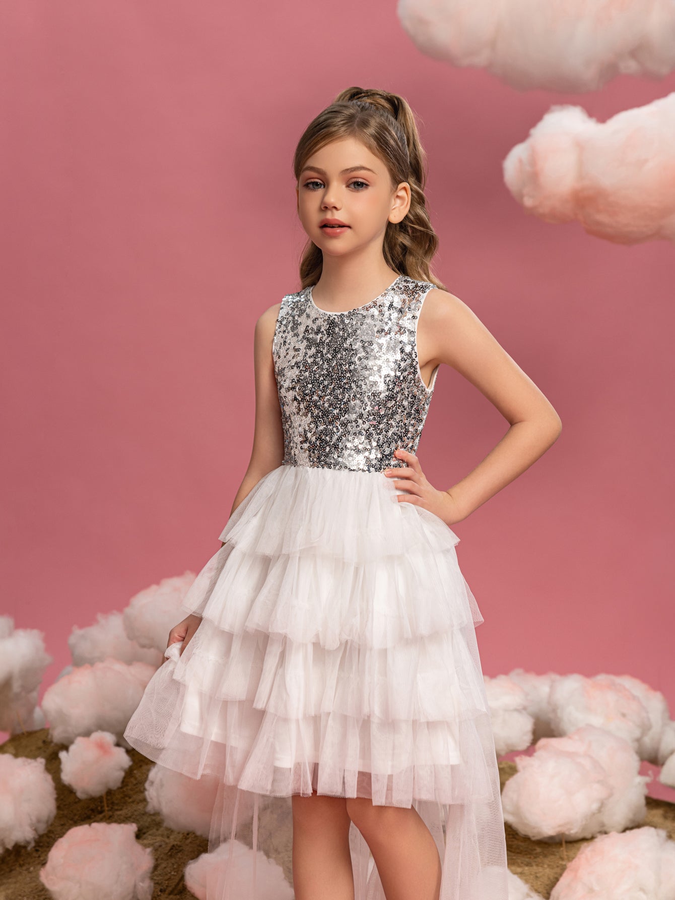 Additional product view of Layered Hem Sequin A-Line Sleeveless Mesh Round Neck Tween Girls' Party Dress