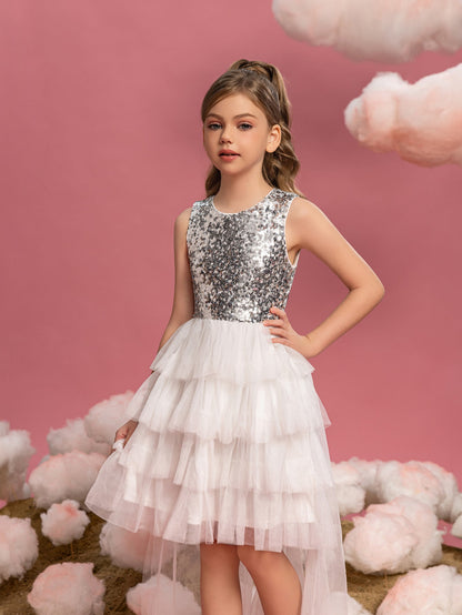 Additional product view of Layered Hem Sequin A-Line Sleeveless Mesh Round Neck Tween Girls' Party Dress