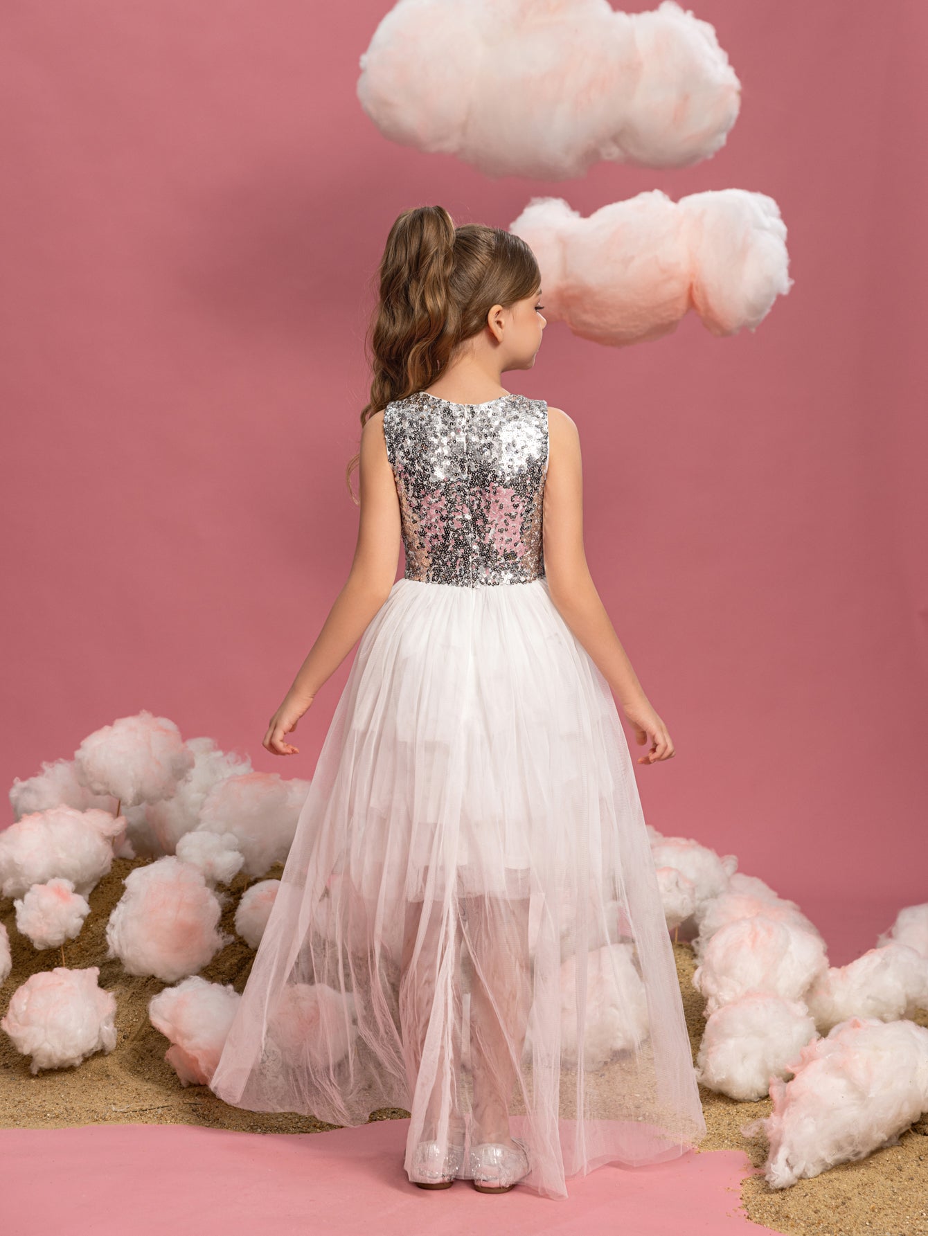 Additional product view of Layered Hem Sequin A-Line Sleeveless Mesh Round Neck Tween Girls' Party Dress