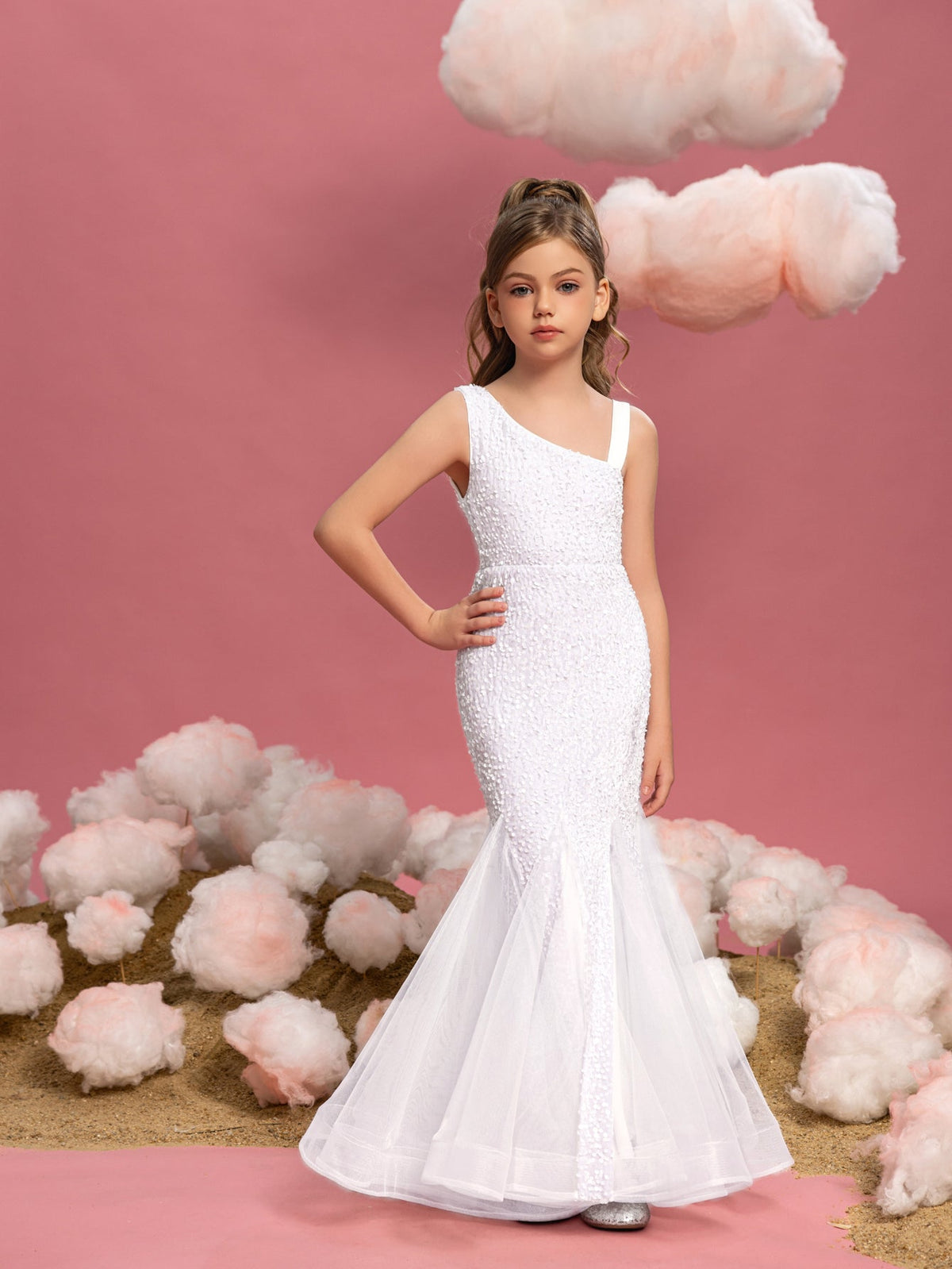 Alternate view of Mesh Insert Mermaid Hem One-Shoulder Sequin Sleeveless Tween Girls' Party Dress in White