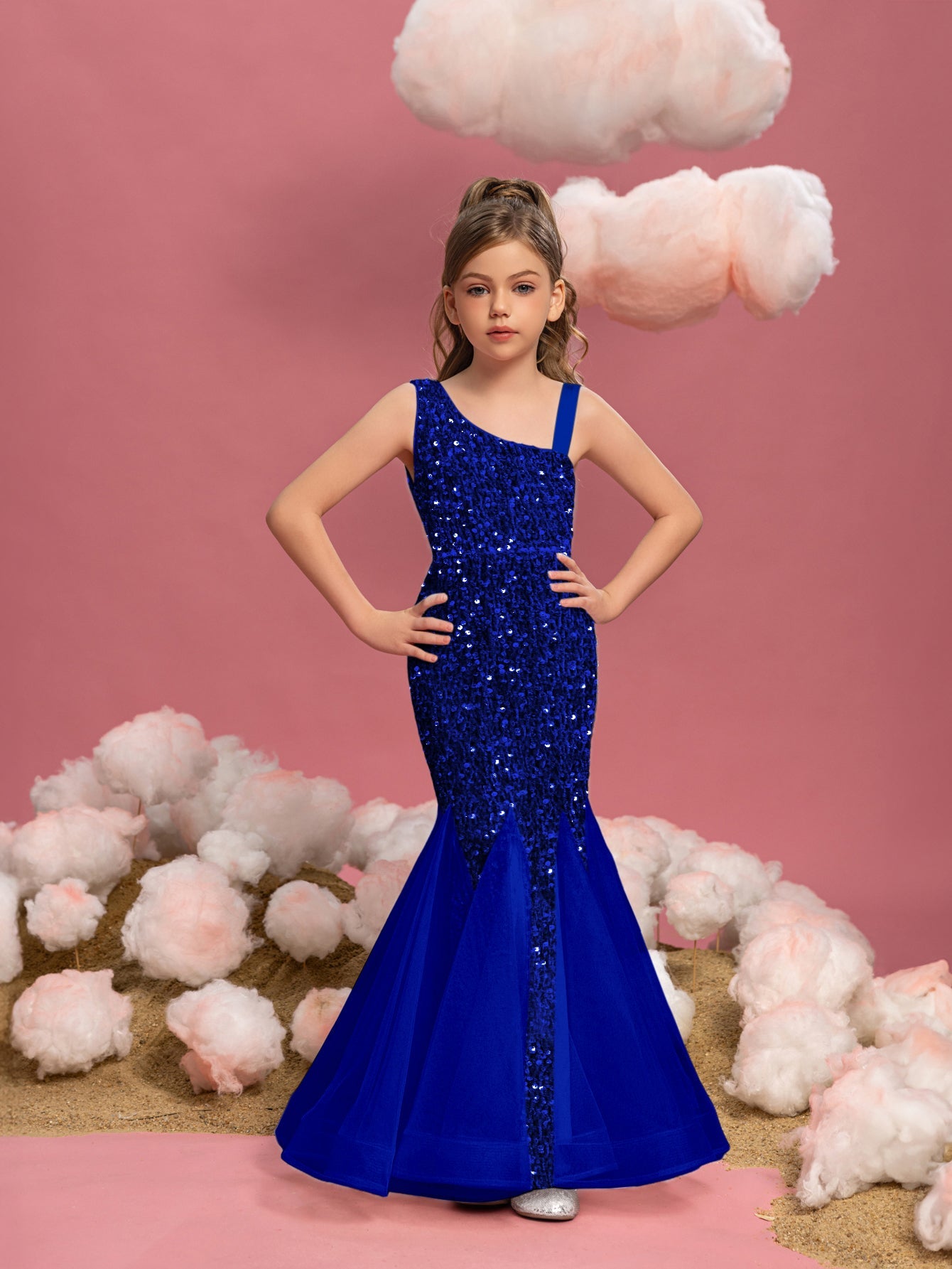 Additional product view of Mesh Insert Mermaid Hem One-Shoulder Sequin Sleeveless Tween Girls' Party Dress