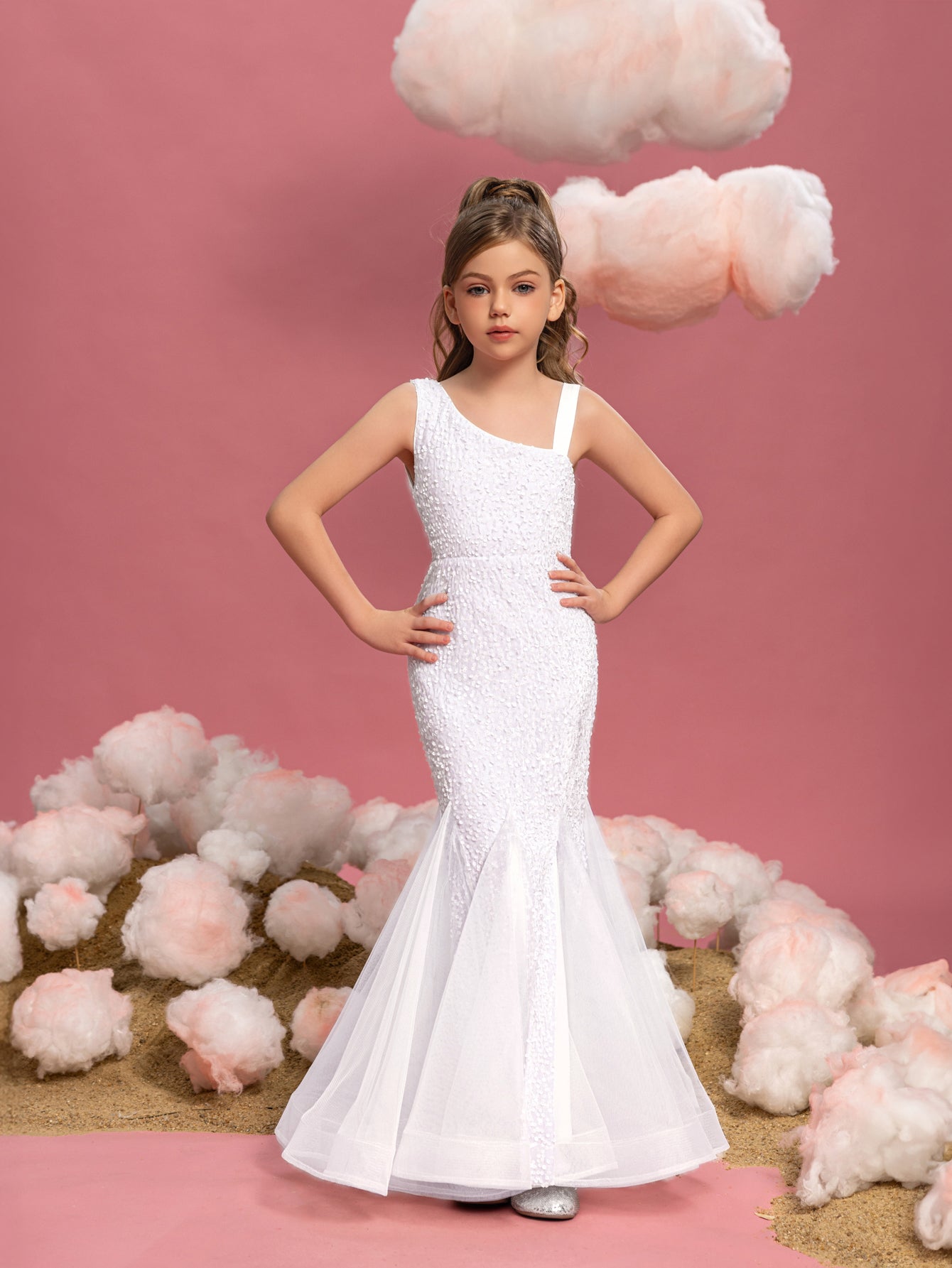 Additional product view of Mesh Insert Mermaid Hem One-Shoulder Sequin Sleeveless Tween Girls' Party Dress