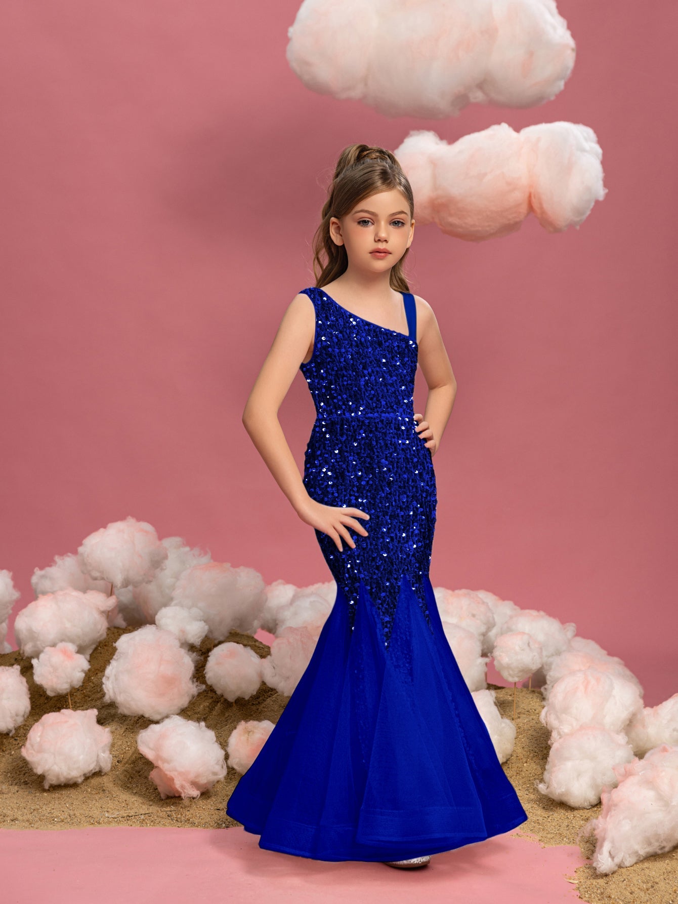 Additional product view of Mesh Insert Mermaid Hem One-Shoulder Sequin Sleeveless Tween Girls' Party Dress