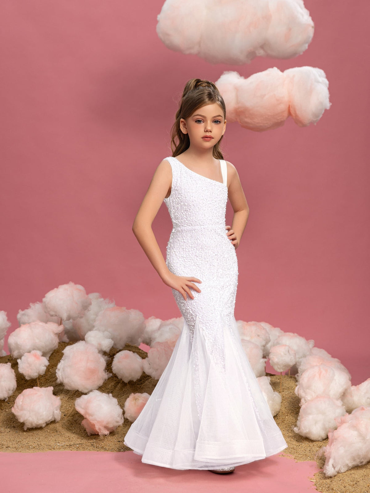 Additional product view of Mesh Insert Mermaid Hem One-Shoulder Sequin Sleeveless Tween Girls' Party Dress