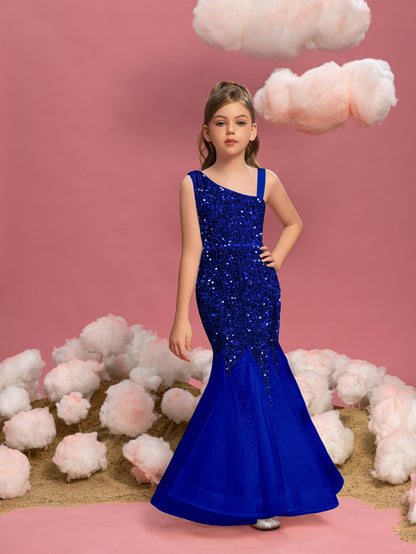 Additional product view of Mesh Insert Mermaid Hem One-Shoulder Sequin Sleeveless Tween Girls' Party Dress