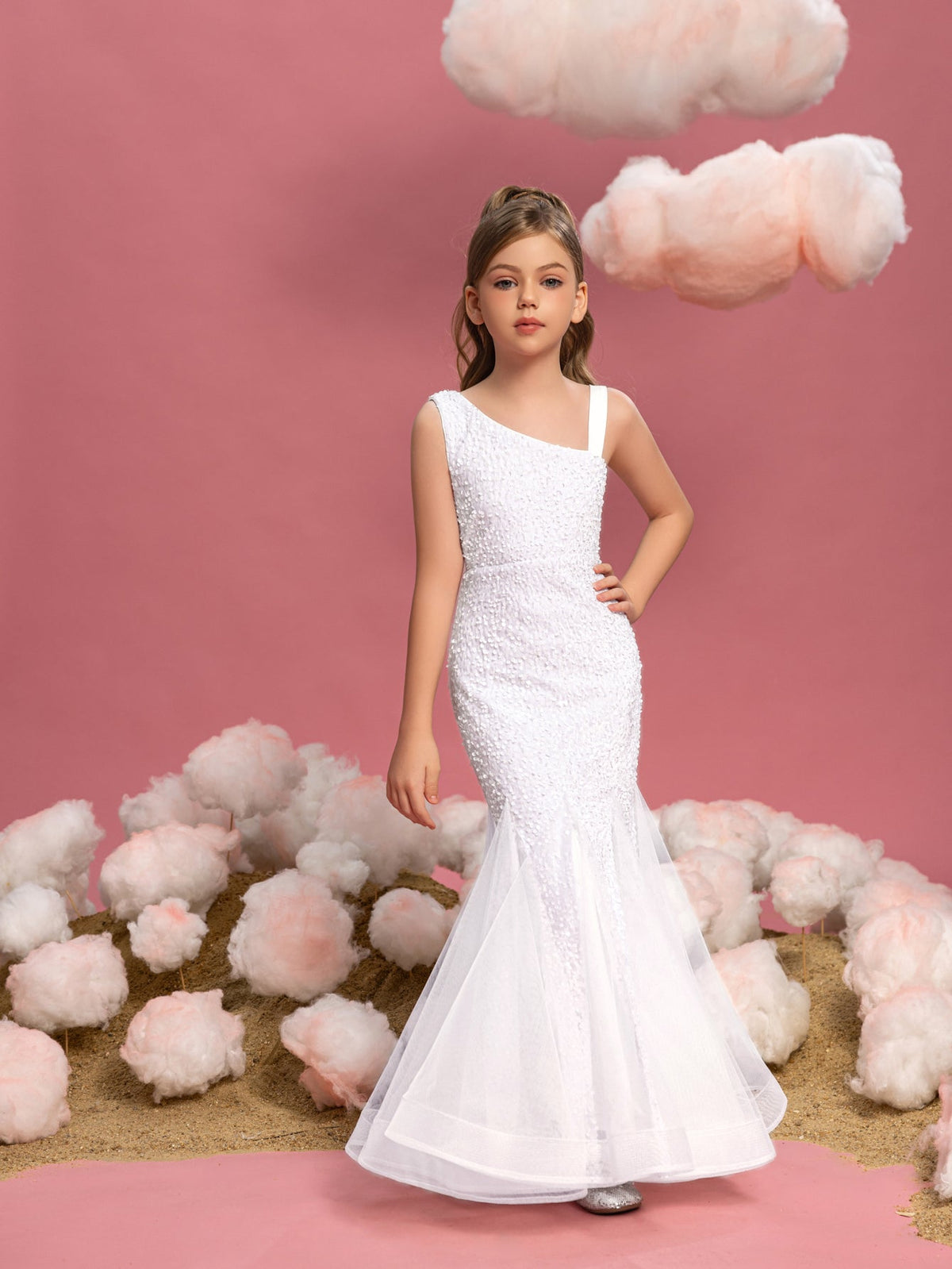 Additional product view of Mesh Insert Mermaid Hem One-Shoulder Sequin Sleeveless Tween Girls' Party Dress