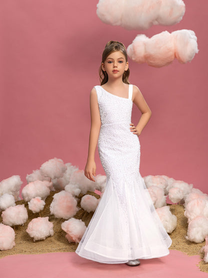Additional product view of Mesh Insert Mermaid Hem One-Shoulder Sequin Sleeveless Tween Girls' Party Dress