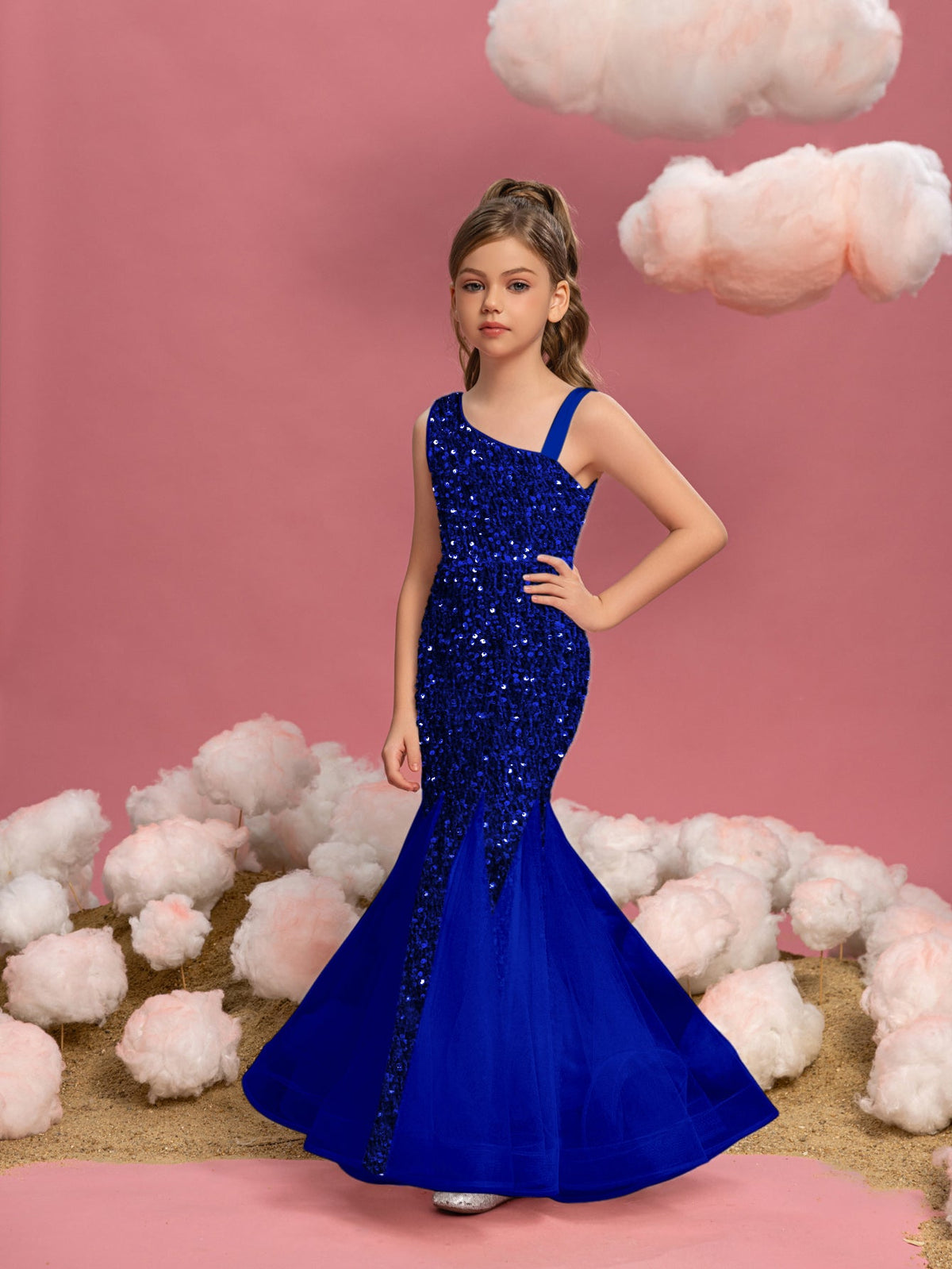 Additional product view of Mesh Insert Mermaid Hem One-Shoulder Sequin Sleeveless Tween Girls' Party Dress
