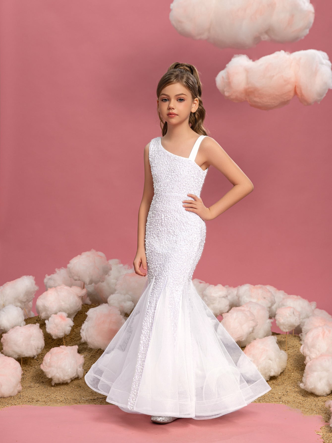 Additional product view of Mesh Insert Mermaid Hem One-Shoulder Sequin Sleeveless Tween Girls' Party Dress