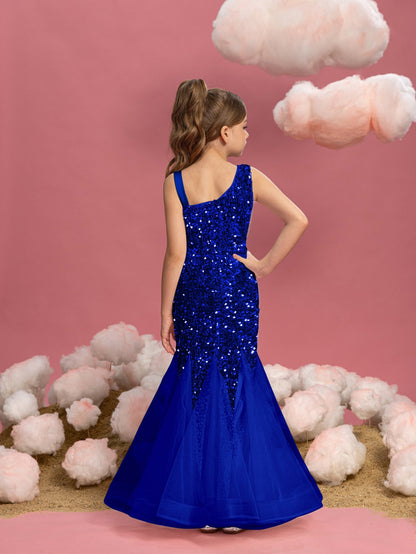 Additional product view of Mesh Insert Mermaid Hem One-Shoulder Sequin Sleeveless Tween Girls' Party Dress