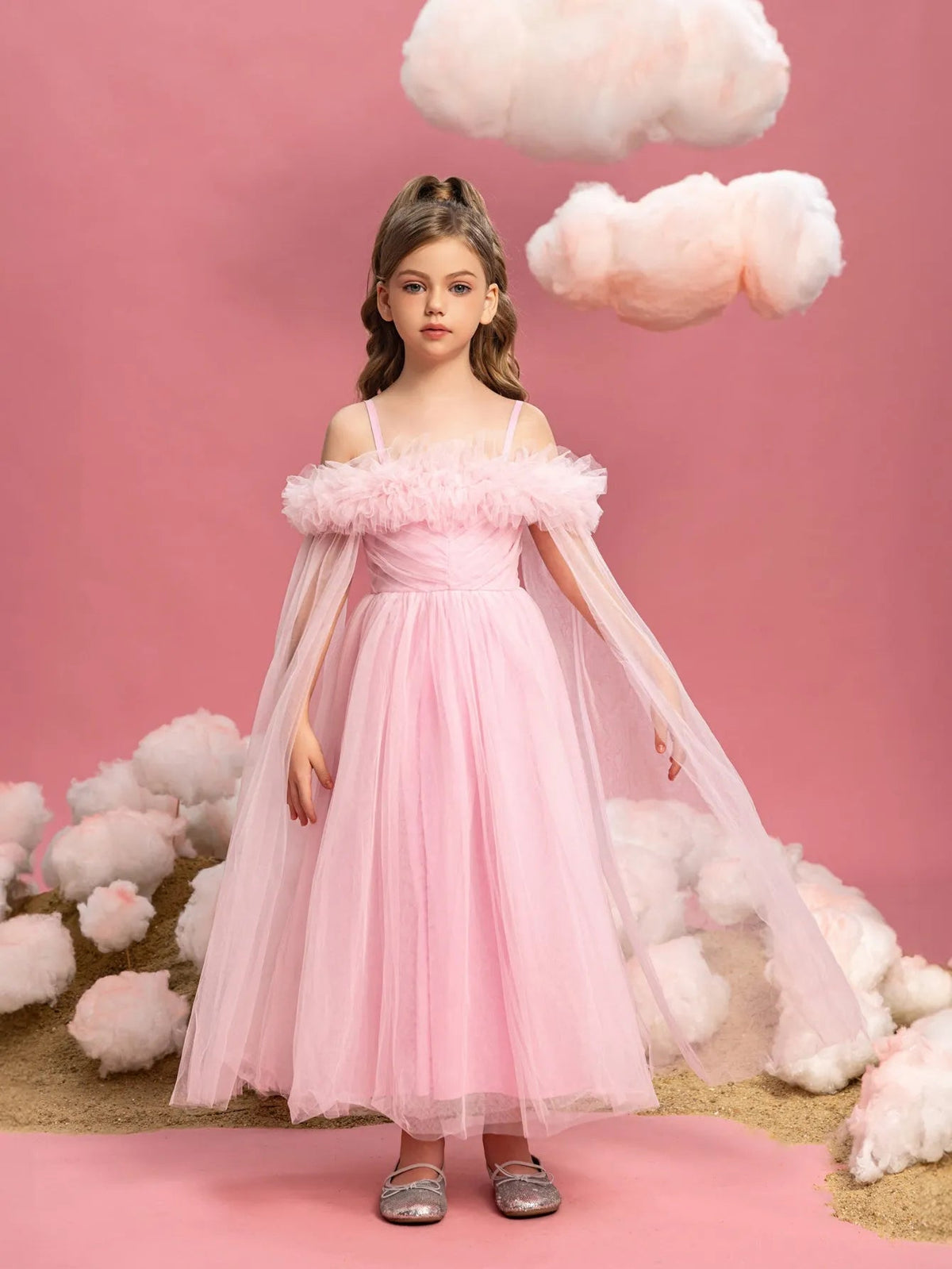 Alternate view of Ruffle Trim Off-Shoulder A-Line Long-Sleeve Mesh Tween Girls' Party Dress in Pink