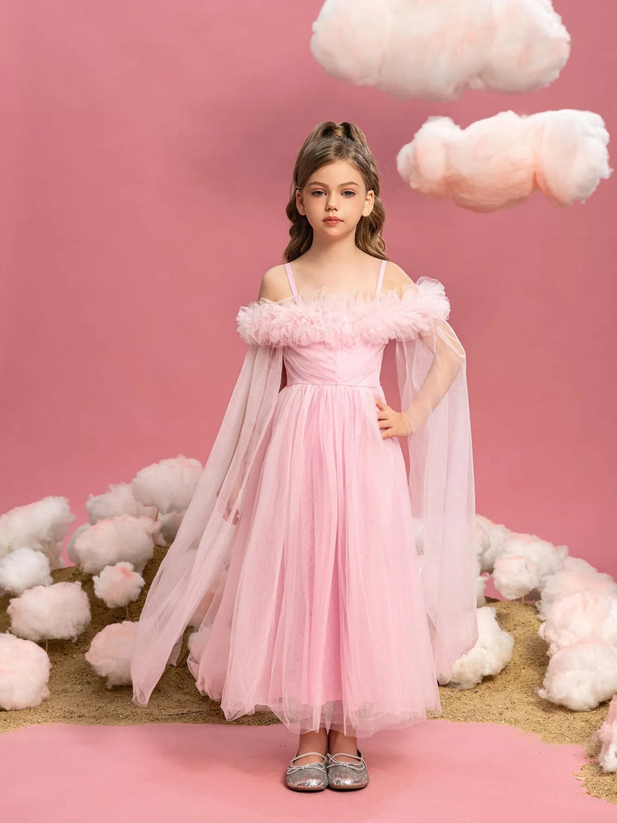 Additional product view of Ruffle Trim Off-Shoulder A-Line Long-Sleeve Mesh Tween Girls' Party Dress