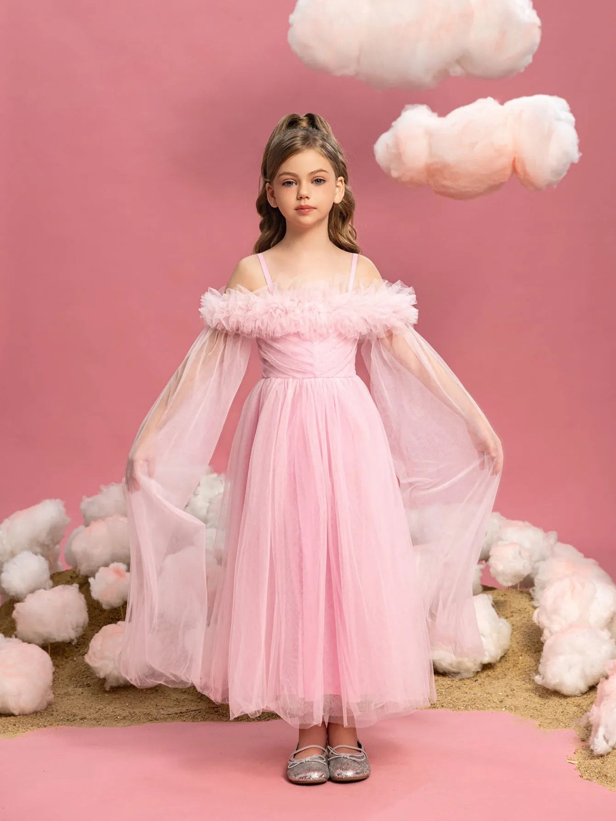 Additional product view of Ruffle Trim Off-Shoulder A-Line Long-Sleeve Mesh Tween Girls' Party Dress