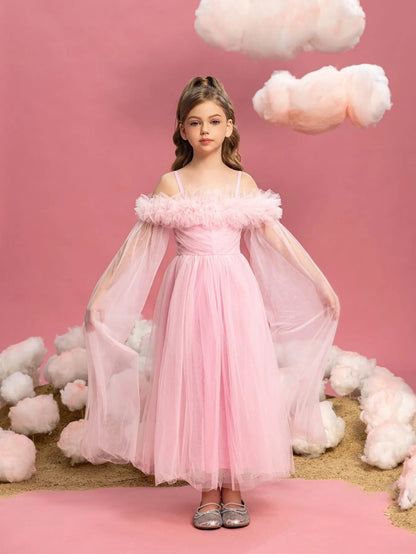 Additional product view of Ruffle Trim Off-Shoulder A-Line Long-Sleeve Mesh Tween Girls' Party Dress