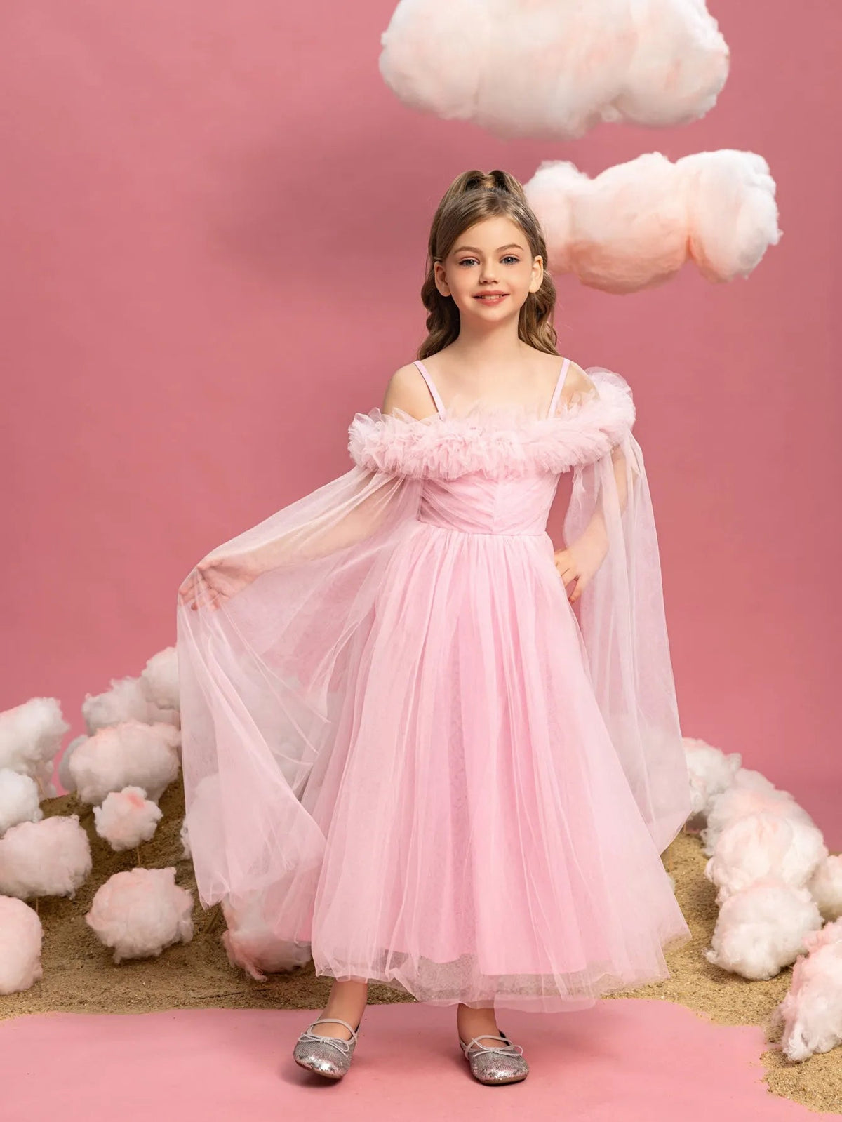 Additional product view of Ruffle Trim Off-Shoulder A-Line Long-Sleeve Mesh Tween Girls' Party Dress
