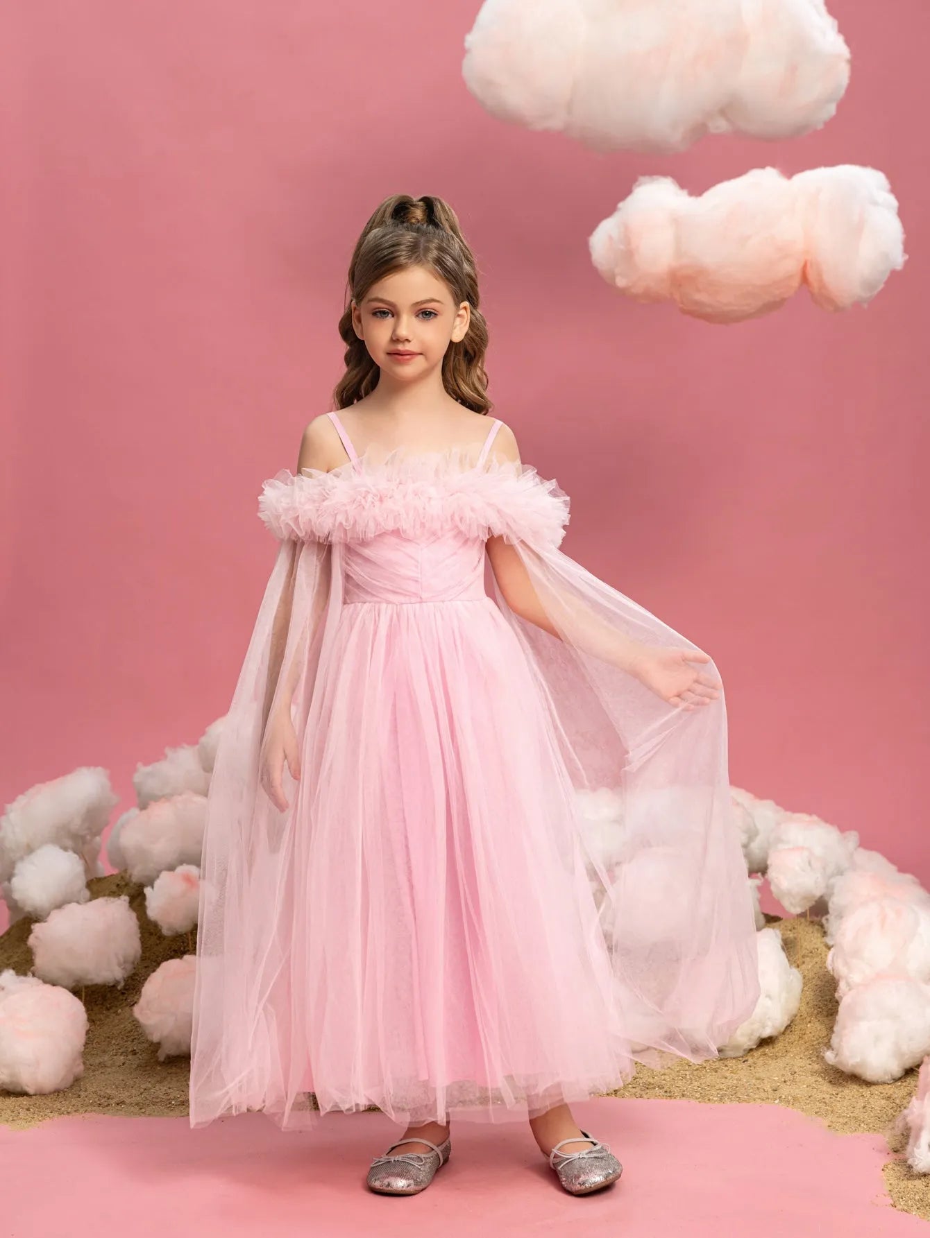 Additional product view of Ruffle Trim Off-Shoulder A-Line Long-Sleeve Mesh Tween Girls' Party Dress