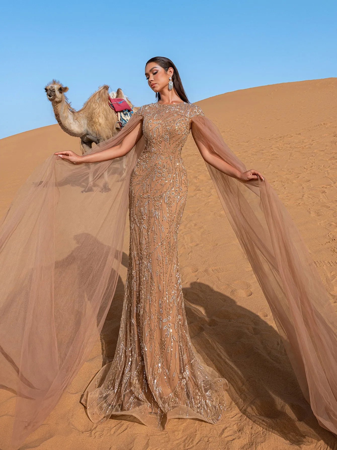 Luxury Round Neck Cloak Sleeve Mermaid Hem Beaded Evening Dress — authorized product image 3