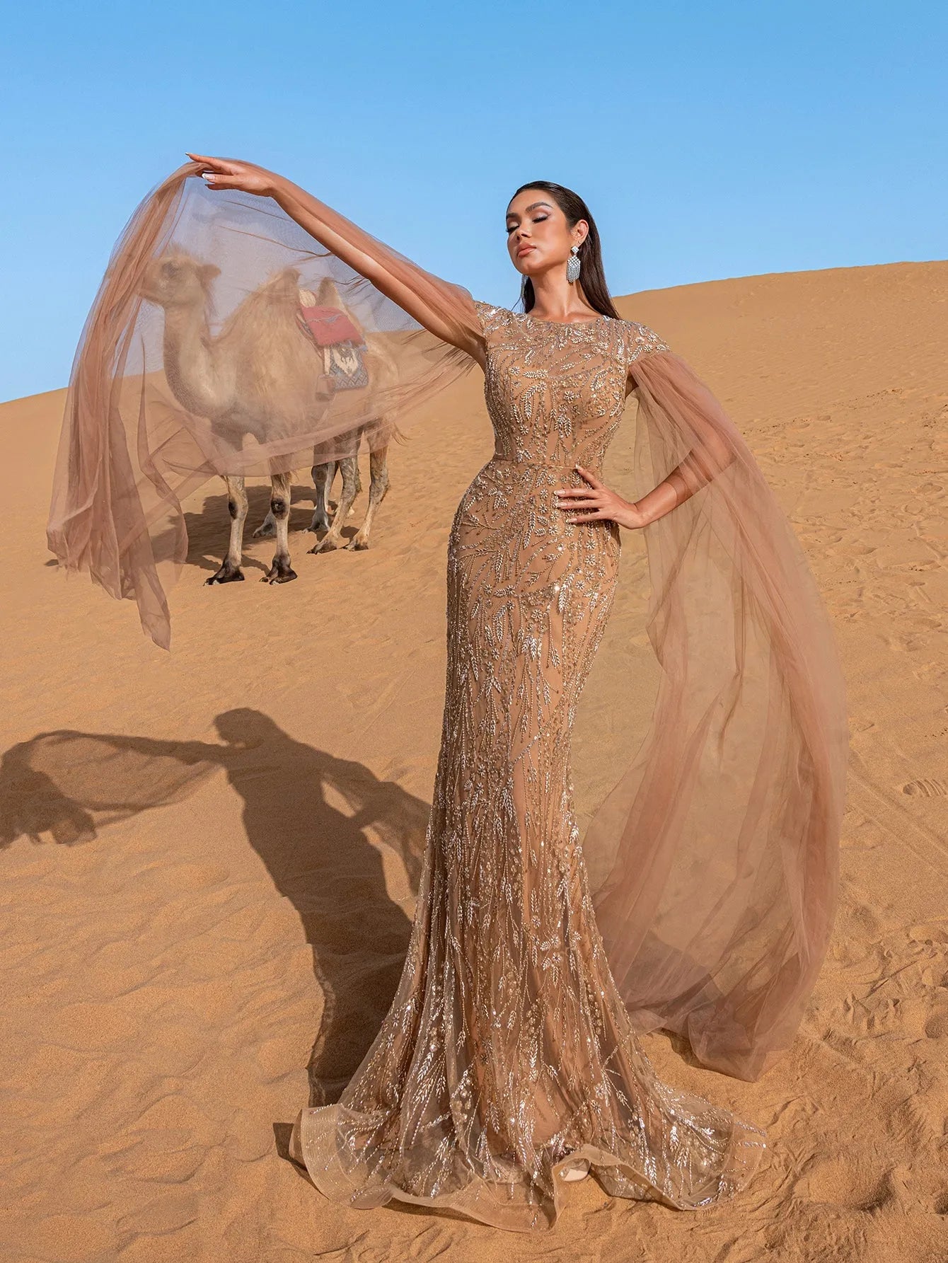 Luxury Round Neck Cloak Sleeve Mermaid Hem Beaded Evening Dress — authorized product image 4