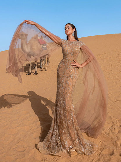 Luxury Round Neck Cloak Sleeve Mermaid Hem Beaded Evening Dress — authorized product image 4