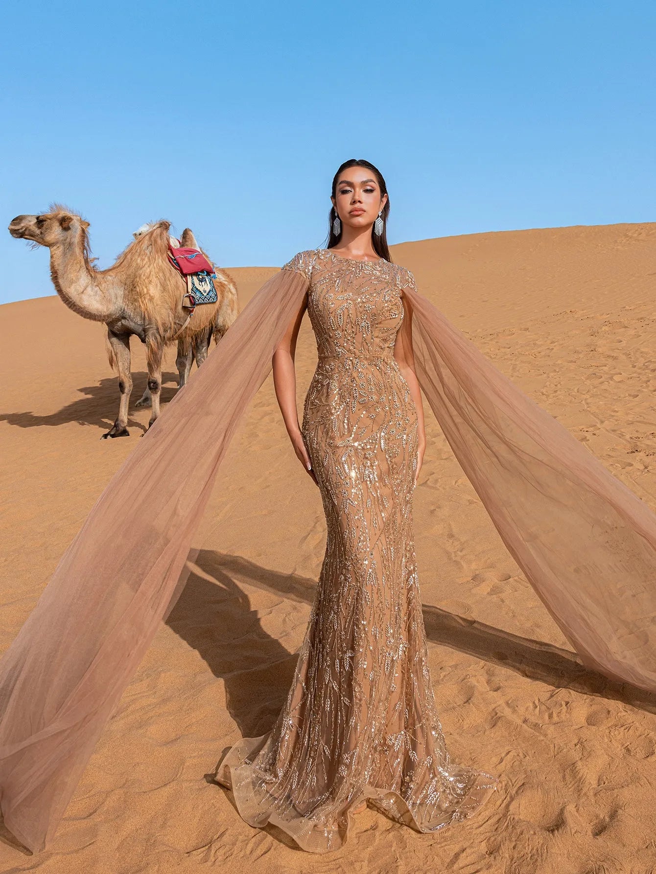 Luxury Round Neck Cloak Sleeve Mermaid Hem Beaded Evening Dress — authorized product image 5