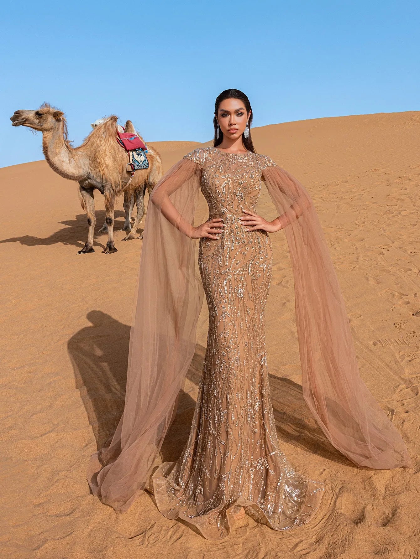 Luxury Round Neck Cloak Sleeve Mermaid Hem Beaded Evening Dress — authorized product image 6