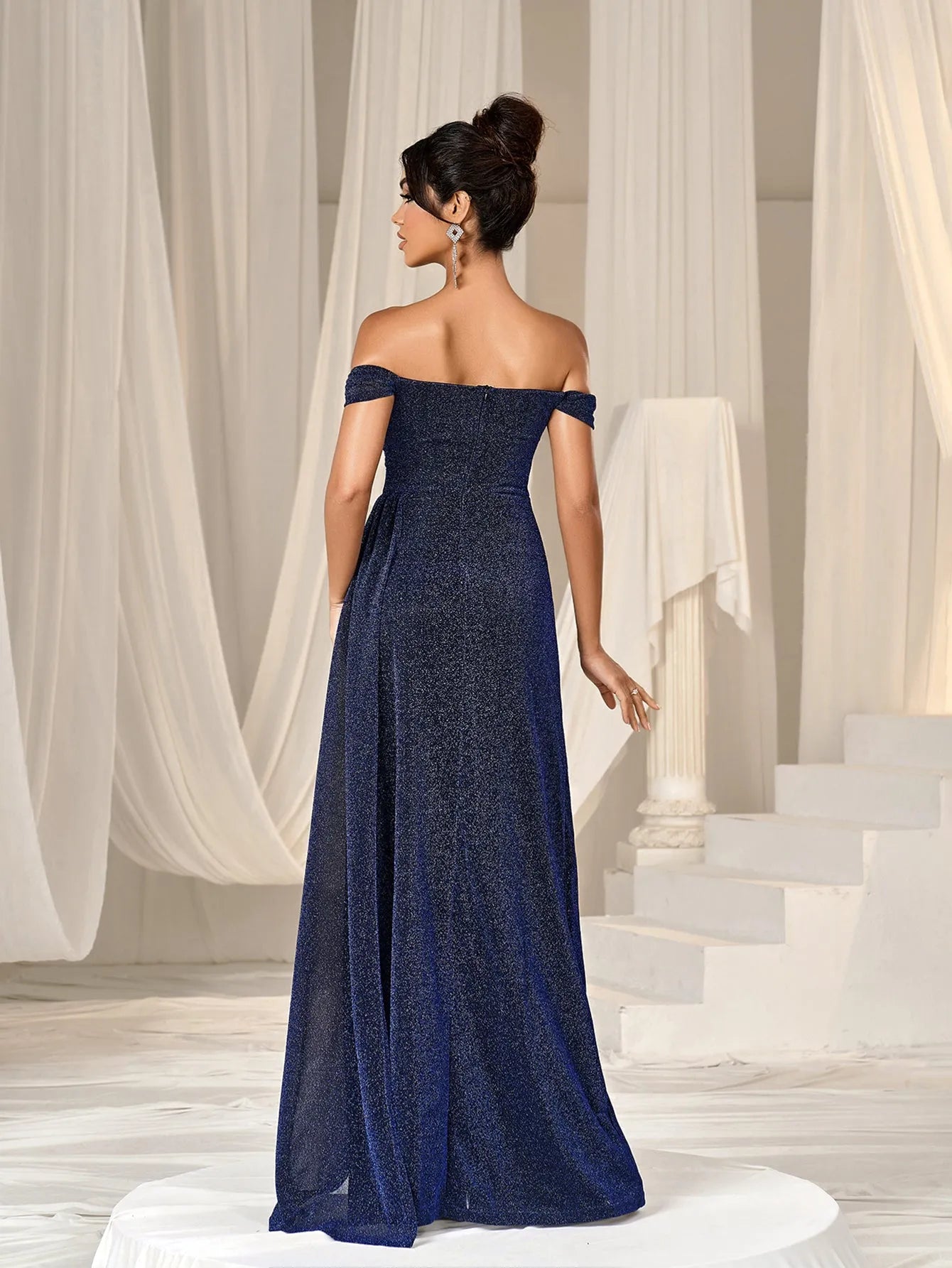 Additional product view of Draped Side High-Slit Off-Shoulder Mermaid Short-Sleeve Evening Gown