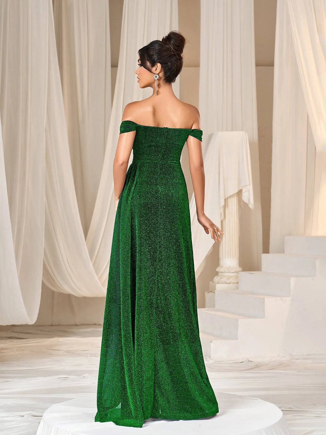 Additional product view of Draped Side High-Slit Off-Shoulder Mermaid Short-Sleeve Evening Gown