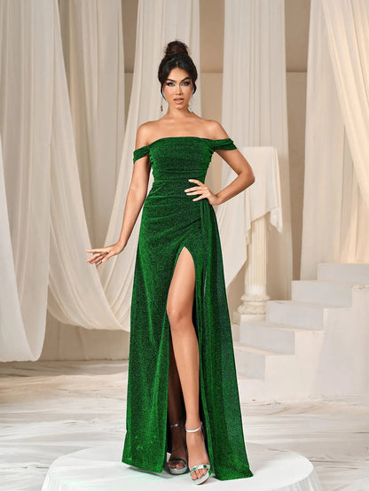 Additional product view of Draped Side High-Slit Off-Shoulder Mermaid Short-Sleeve Evening Gown