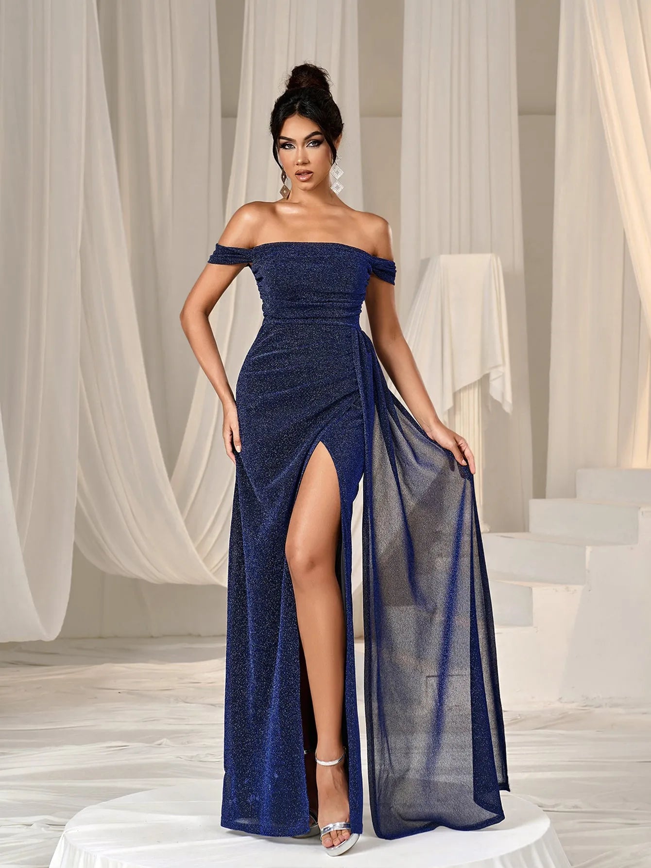 Additional product view of Draped Side High-Slit Off-Shoulder Mermaid Short-Sleeve Evening Gown