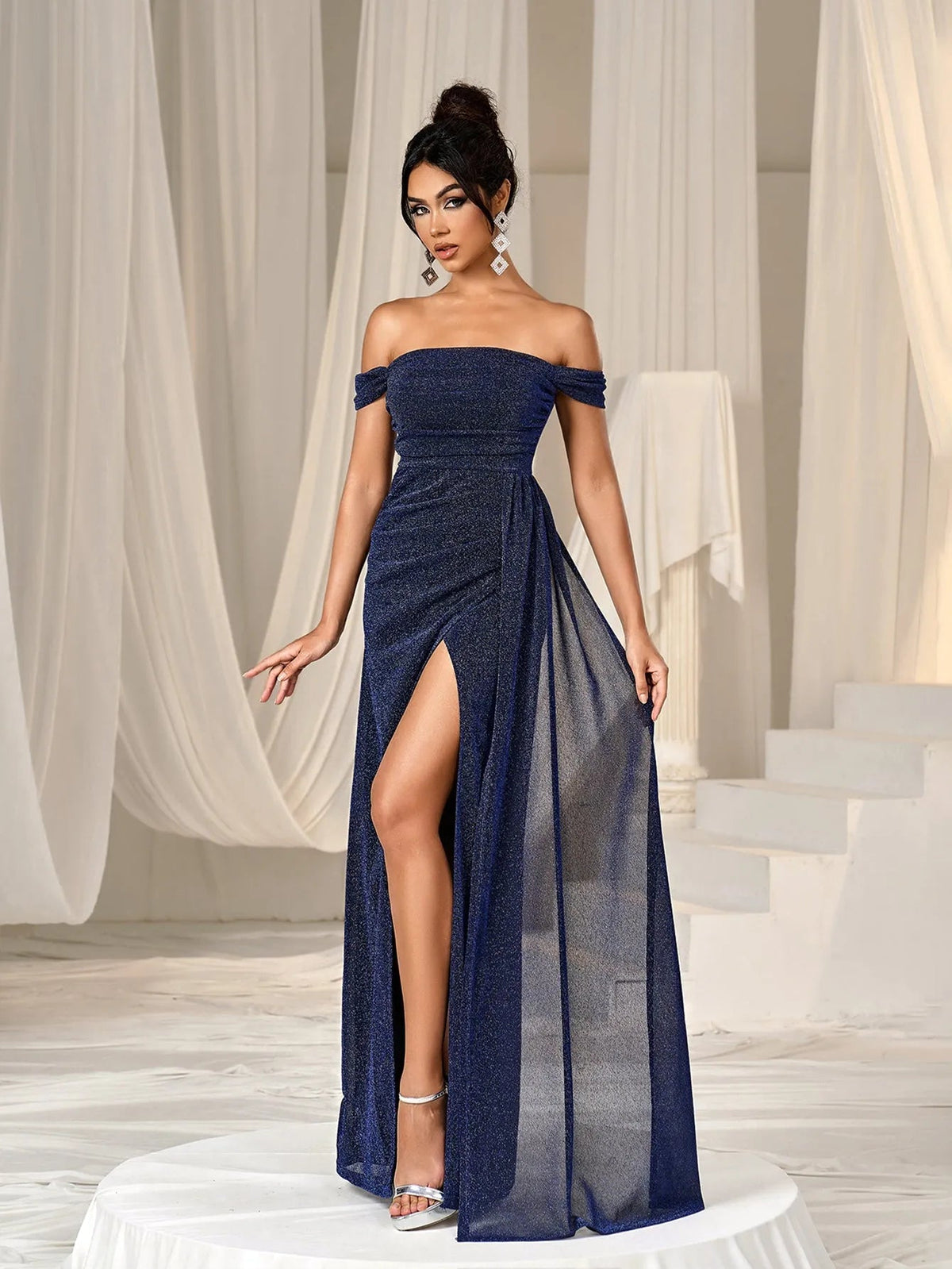 Additional product view of Draped Side High-Slit Off-Shoulder Mermaid Short-Sleeve Evening Gown