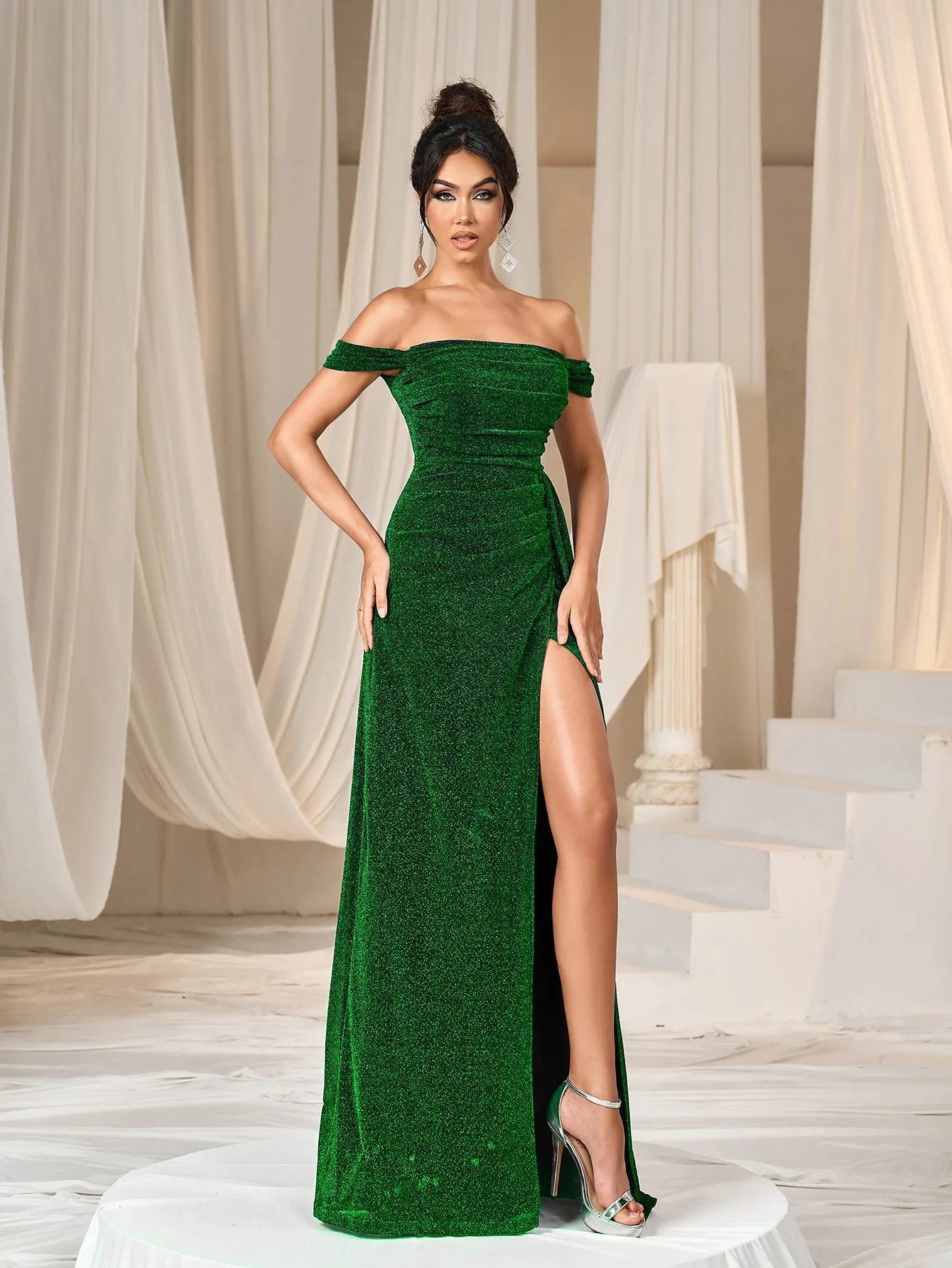 Additional product view of Draped Side High-Slit Off-Shoulder Mermaid Short-Sleeve Evening Gown