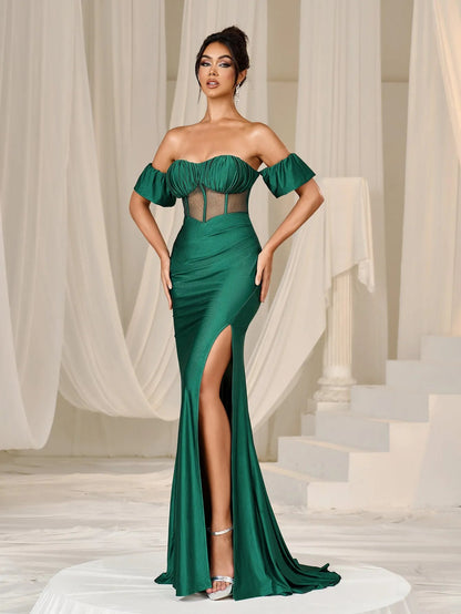 Additional product view of Mermaid Hem Off-Shoulder Knit Backless Short-Sleeve Evening Gown