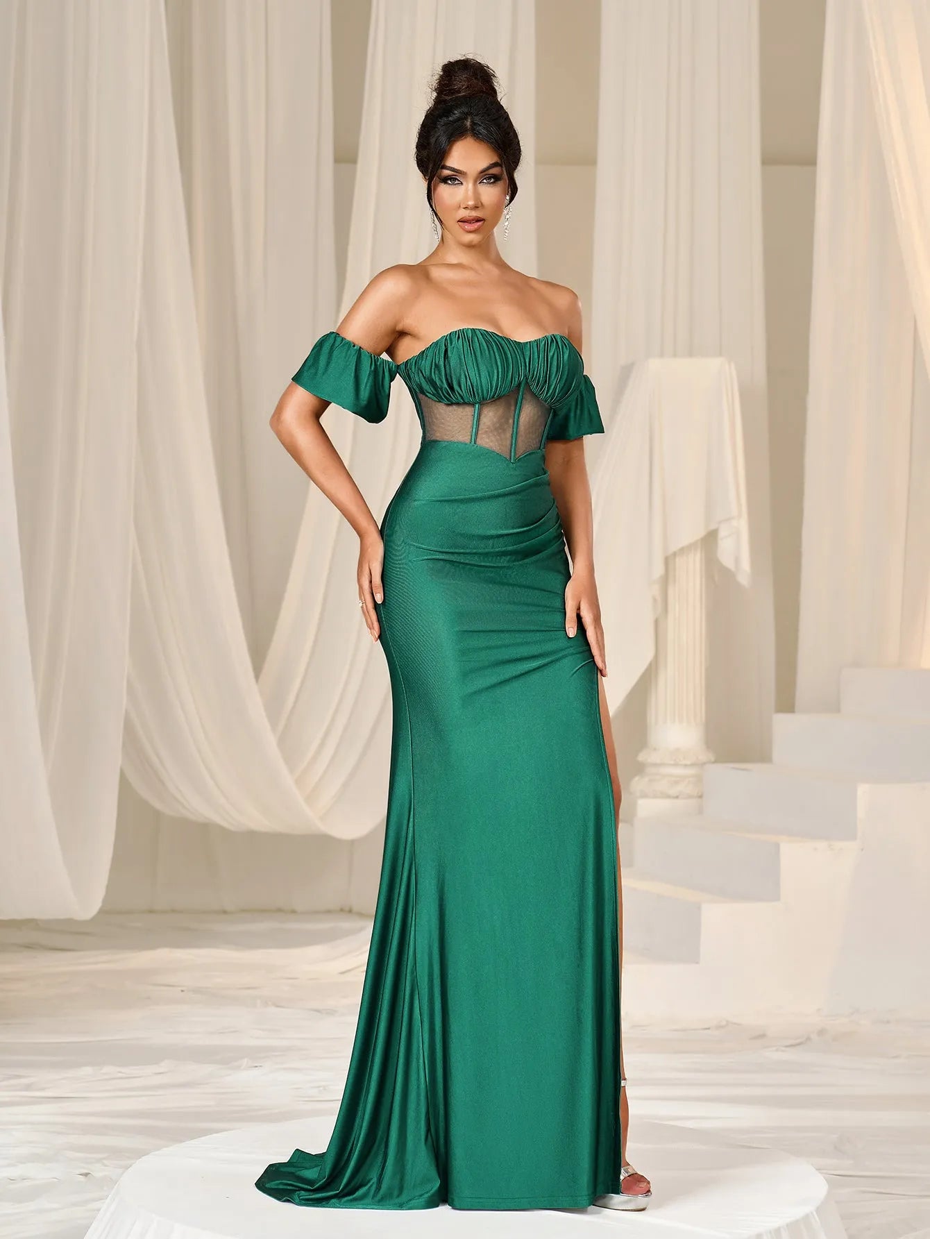 Additional product view of Mermaid Hem Off-Shoulder Knit Backless Short-Sleeve Evening Gown