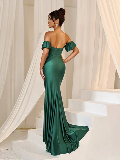 Additional product view of Mermaid Hem Off-Shoulder Knit Backless Short-Sleeve Evening Gown