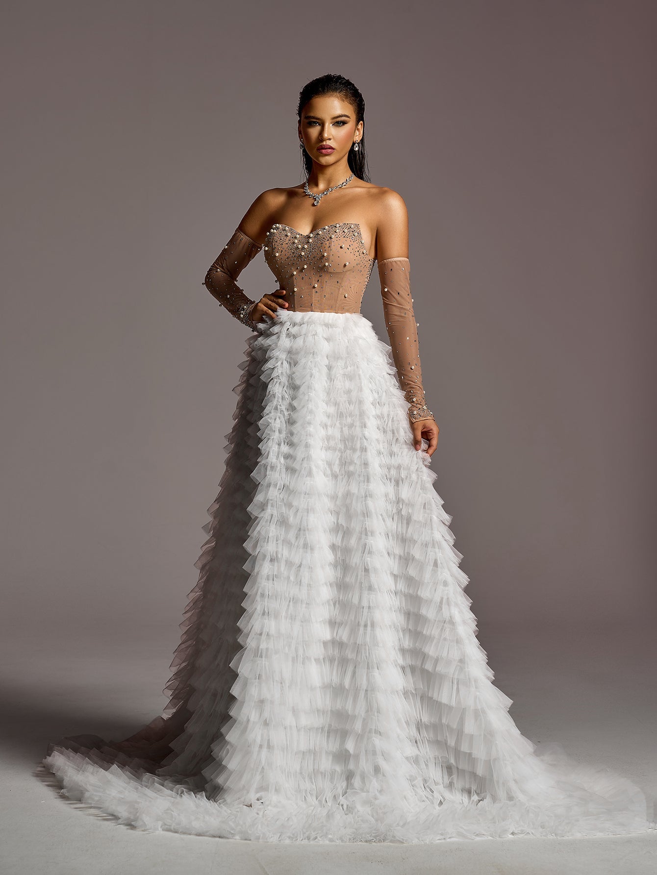 Sweetheart Rhinestone Long-Sleeve A-Line Wedding Gown — authorized product image 5