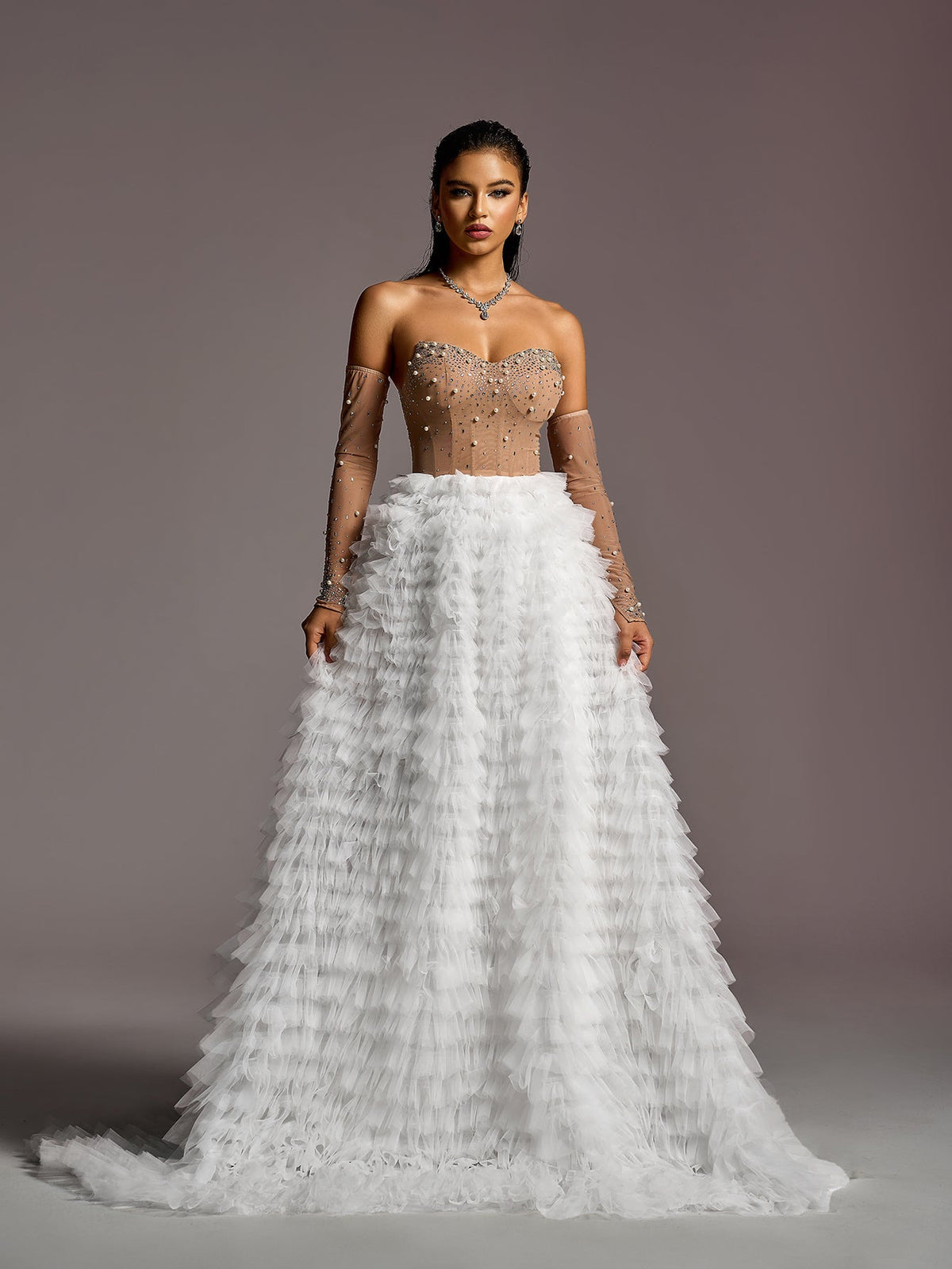 Sweetheart Rhinestone Long-Sleeve A-Line Wedding Gown — authorized product image 3