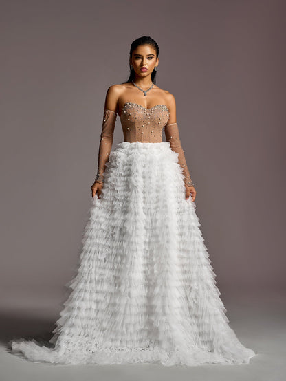 Sweetheart Rhinestone Long-Sleeve A-Line Wedding Gown — authorized product image 3