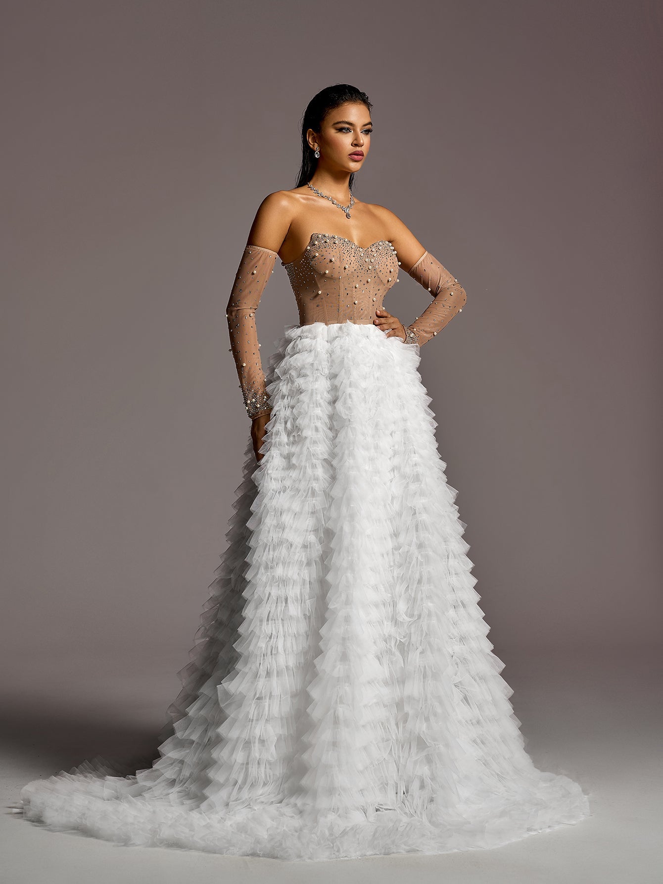Sweetheart Rhinestone Long-Sleeve A-Line Wedding Gown — authorized product image 7