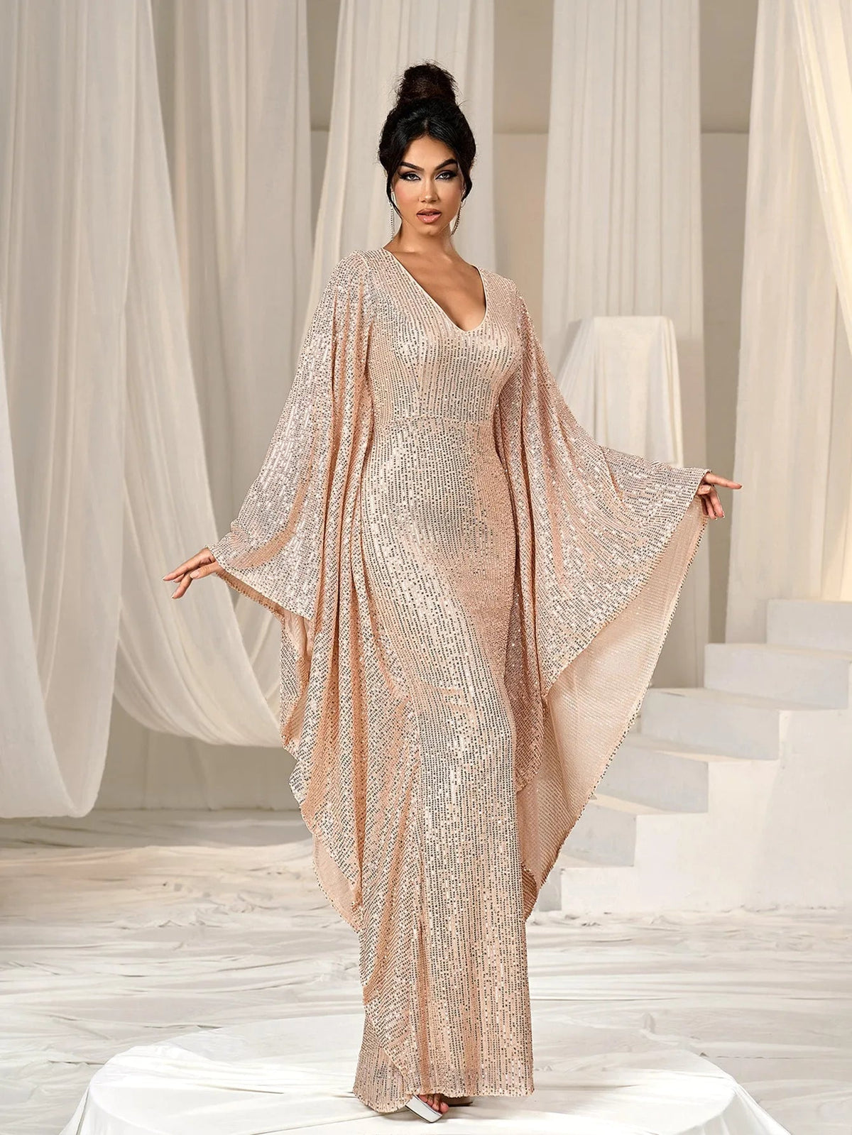 Elegant Plunging Neck Batwing Sleeves Mermaid Hem Sequin Formal Party Dress