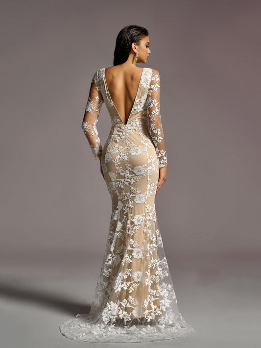 Additional product view of Backless Mermaid Hem Lace Boat-Neck Long-Sleeve Wedding Dress