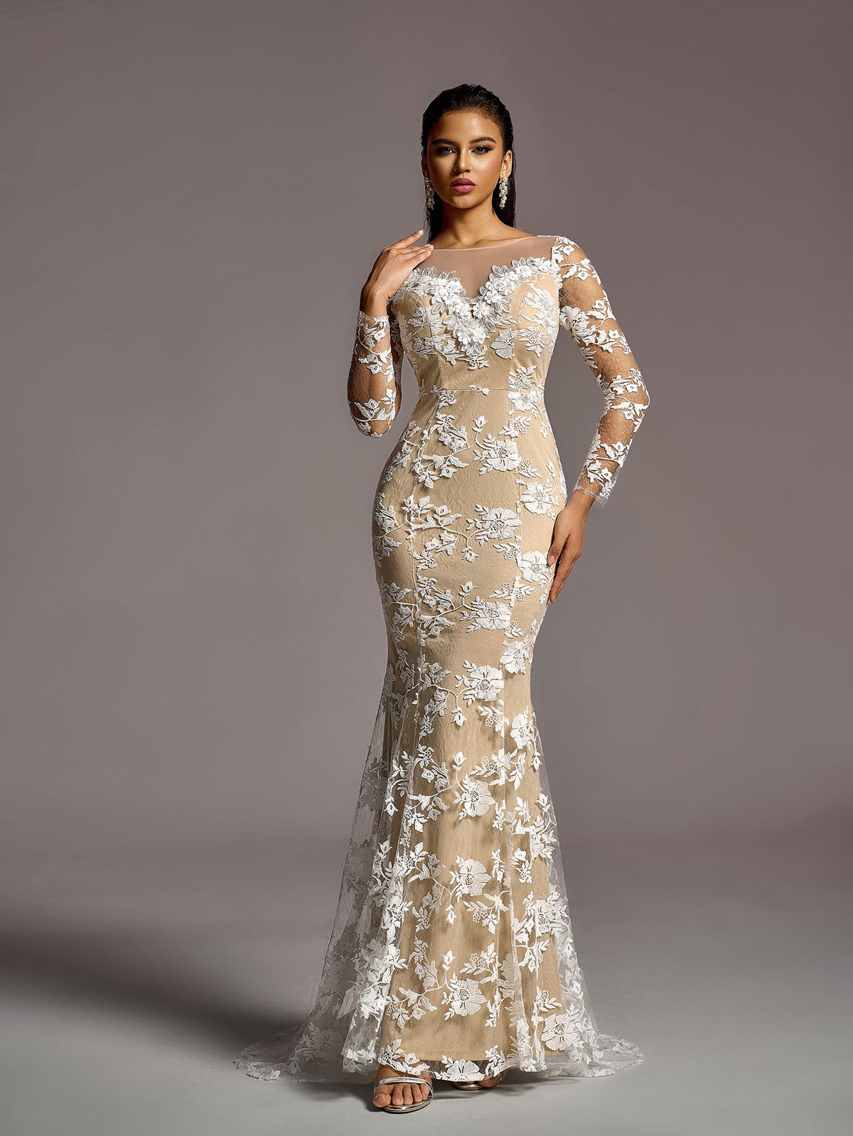 Additional product view of Backless Mermaid Hem Lace Boat-Neck Long-Sleeve Wedding Dress