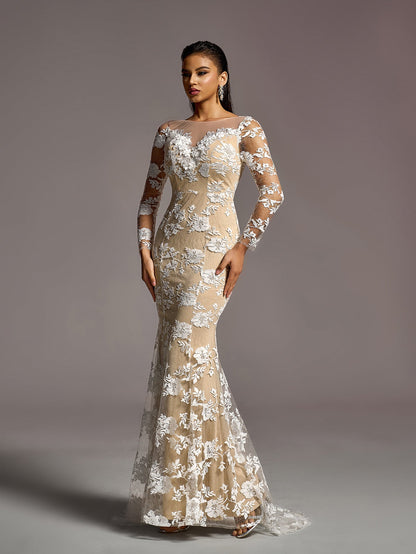 Additional product view of Backless Mermaid Hem Lace Boat-Neck Long-Sleeve Wedding Dress