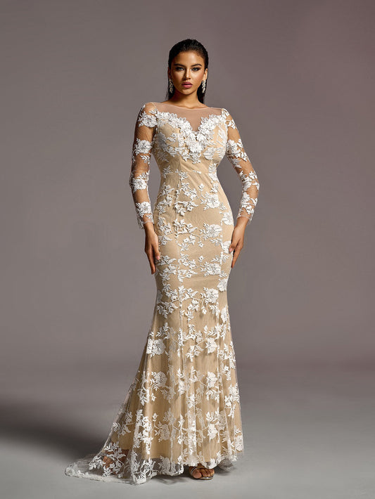 Backless Mermaid Hem Lace Boat-Neck Long-Sleeve Wedding Dress in White